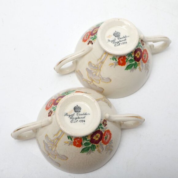 Vintage Royal Cauldon Floral Footed Bullion Cups Double Handles Cream Red Gold - Picture 4 of 7